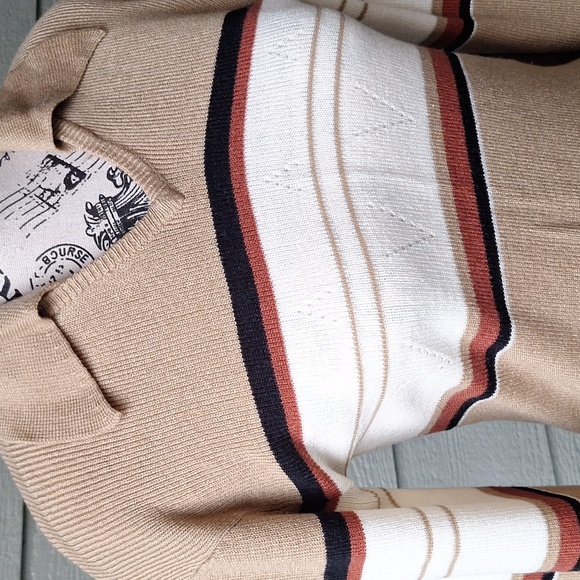 Vintage 70's Dagger Collar Striped Vneck Long Sleeve Sweater Size Small  Tan - Picture 2 of 10